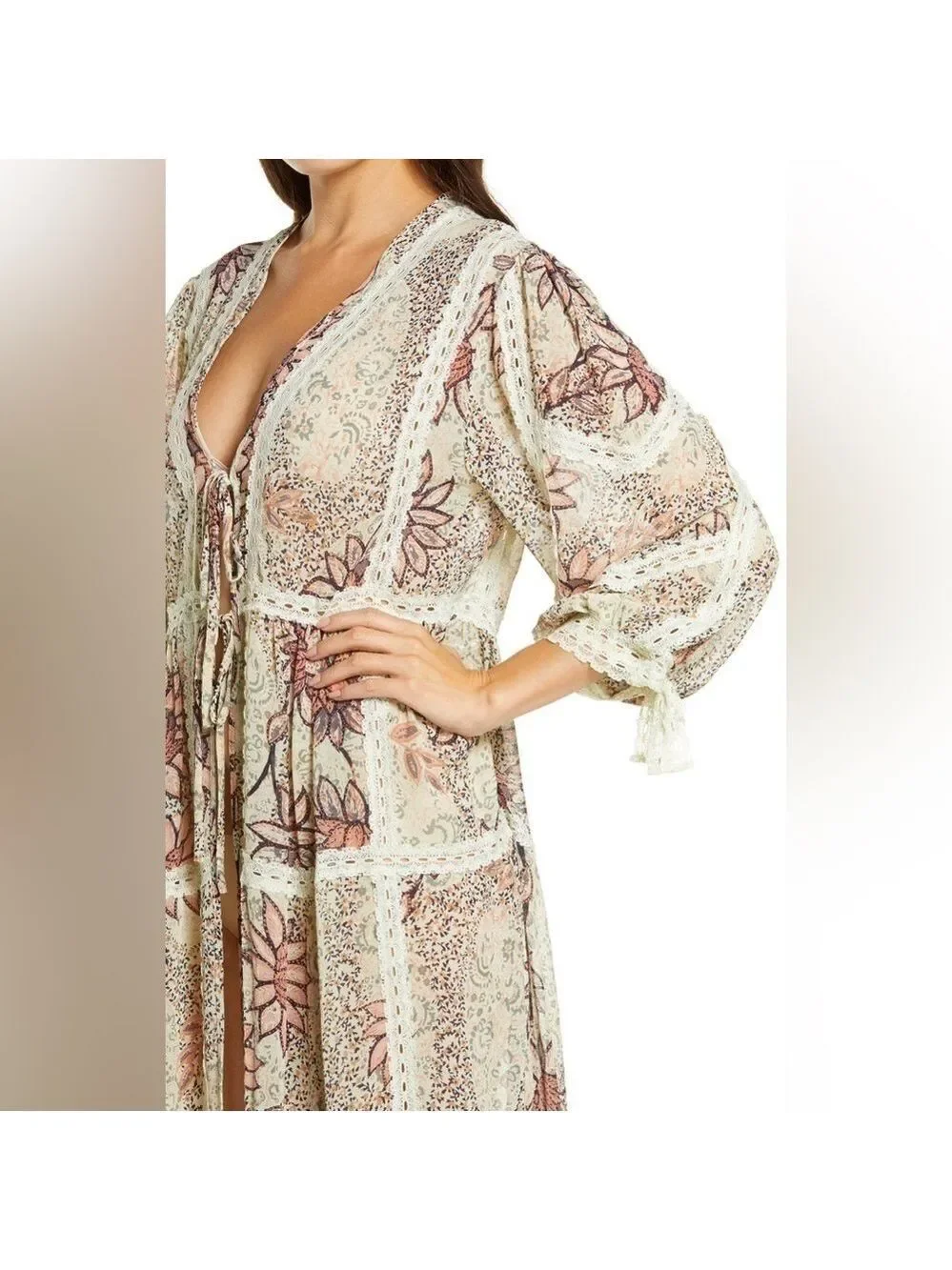 Free People Intimately Lace Long Robe Grasslands Kimono Size XS/S